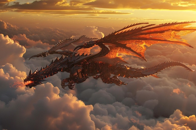 Un dragon mécanique s'élève dans les nuages avec