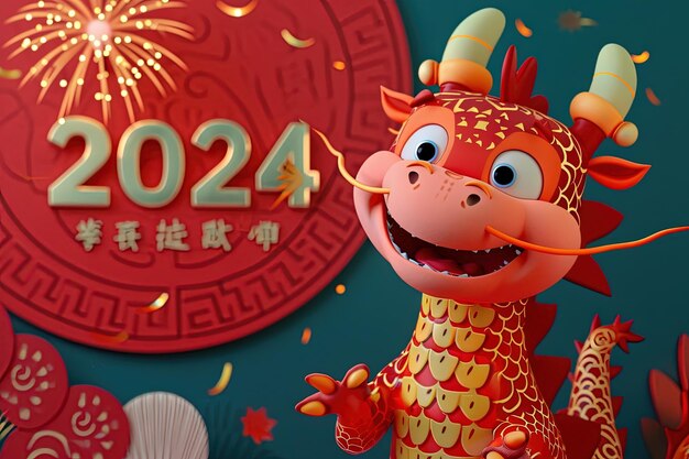 Photo un dragon mignon célébrant l'année du dragon 2024 sourire artifice chinois arrière-plan