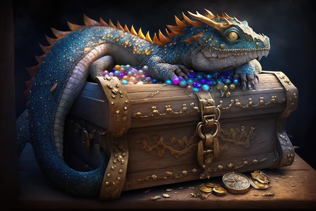 Dragon mignon dormant sur un coffre au trésor avec vue sur des bijoux scintillants