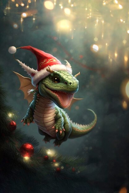 Un dragon mignon survolant l'arbre de Noël Illustration du nouvel an ai génératif