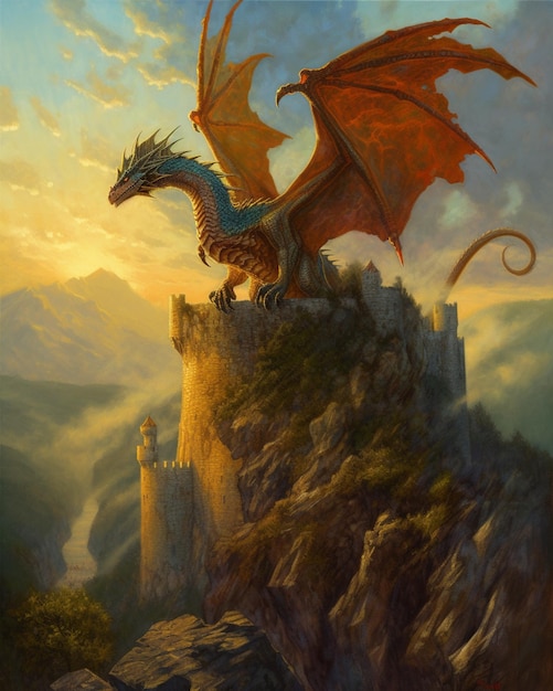 Un dragon sur une montagne avec un château en arrière-plan.