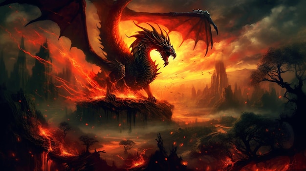Un dragon sur une montagne avec des flammes