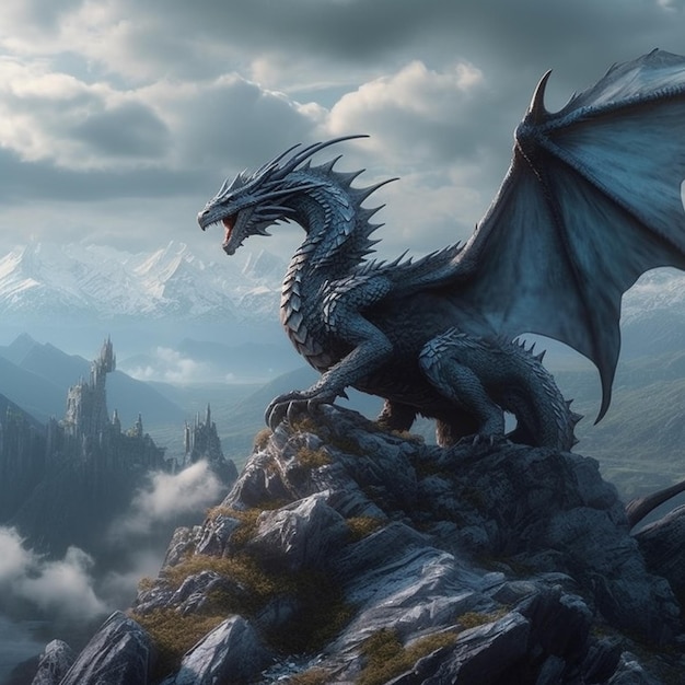 Un dragon sur une montagne avec des montagnes en arrière-plan