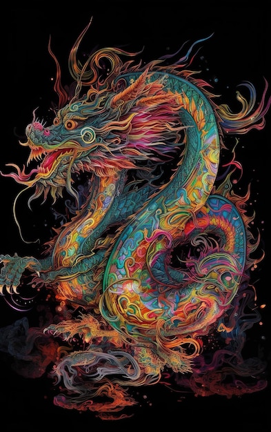 Un dragon avec un motif arc-en-ciel