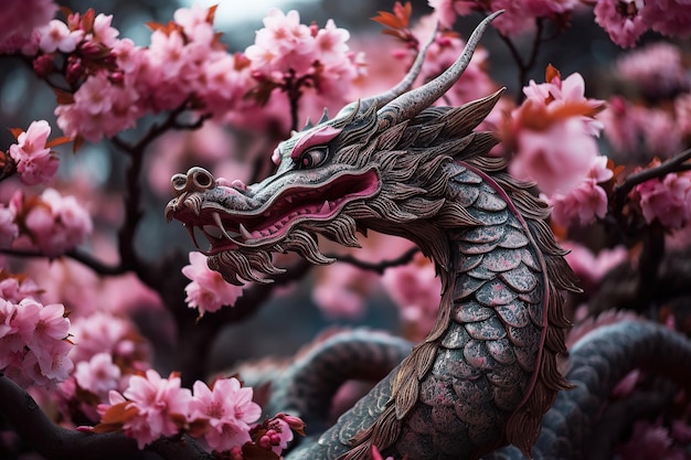 Un dragon mystique en fleur de cerisier Illustration IA générative Gros plan