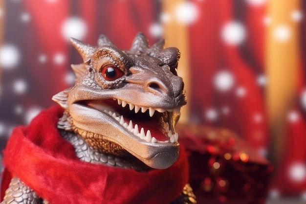 Photo dragon mythique sur un fond rouge le concept de joyeux noël et nouvel an ia générative