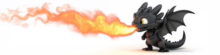 Photo dragon mythique noir en 3d et respirant du feu sur fond blanc