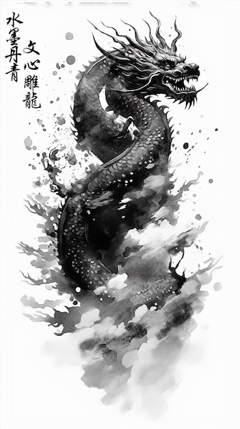 Un dragon noir et blanc d'encre de couleur d'eau