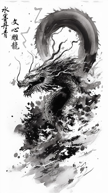 Photo un dragon noir et blanc d'encre de couleur d'eau