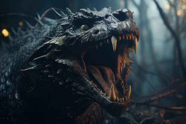un dragon noir avec des dents tranchantes