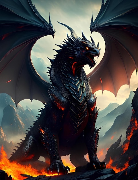 Un dragon noir avec du feu