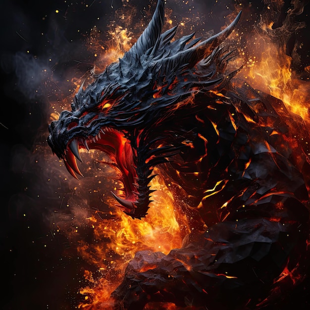 un dragon noir avec des flammes en arrière-plan dans le style de vray traçant un portrait épique