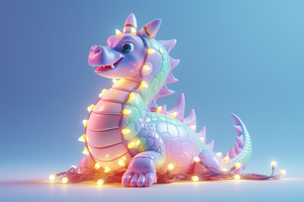 Dragon de la nouvelle année festive avec une guirlande lumineuse sur un fond bleu pastel