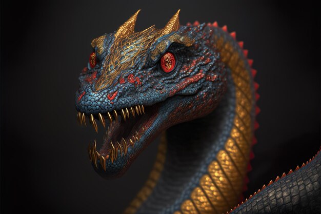 Un dragon avec un œil rouge et une peau bleue et dorée.