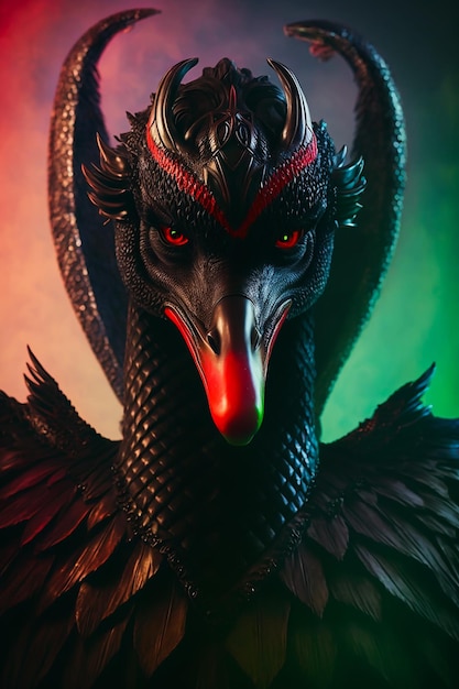 Un dragon avec un oeil rouge et une tête noire
