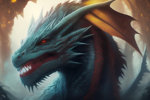 Un dragon avec un oeil rouge et un visage bleu avec une bannière blanche qui dit "dragon"