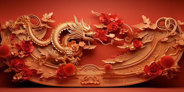 Dragon d'or chinois sur fond rouge