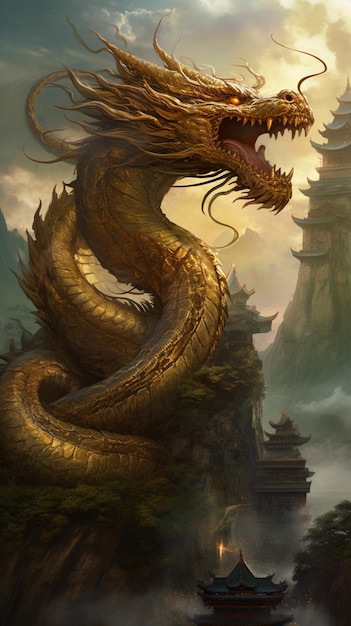 Un dragon avec un paysage chinois en arrière-plan