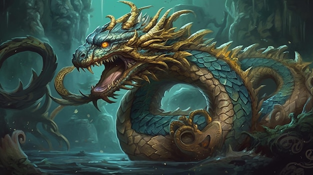 Un dragon à la peau bleue et aux yeux dorés est dans l'eau.