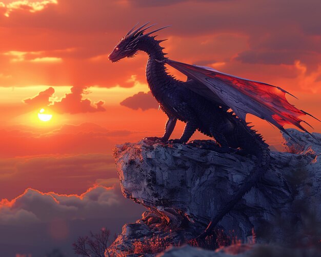 Dragon perché au sommet d'une falaise escarpée au coucher du soleil