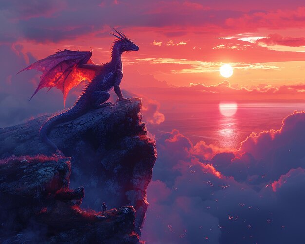 Photo dragon perché au sommet d'une falaise escarpée au coucher du soleil