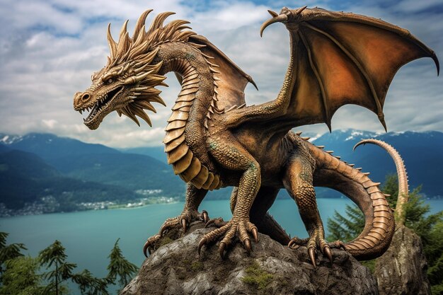 Photo dragon perché sur un sommet de montagne surveillant son domaine