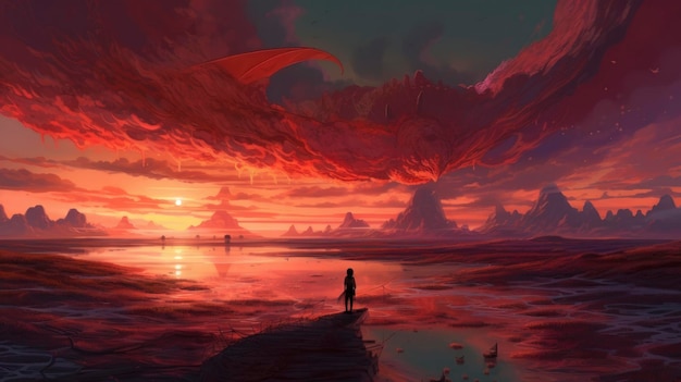 Un dragon sur la plage au coucher du soleil