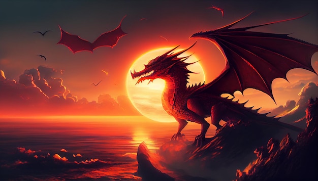 Un dragon sur la plage avec un coucher de soleil en arrière-plan