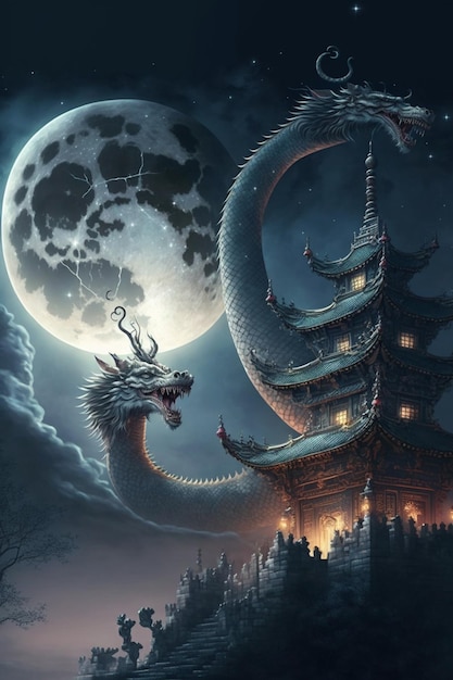 Dragon avec une pleine lune en arrière-plan ai générative