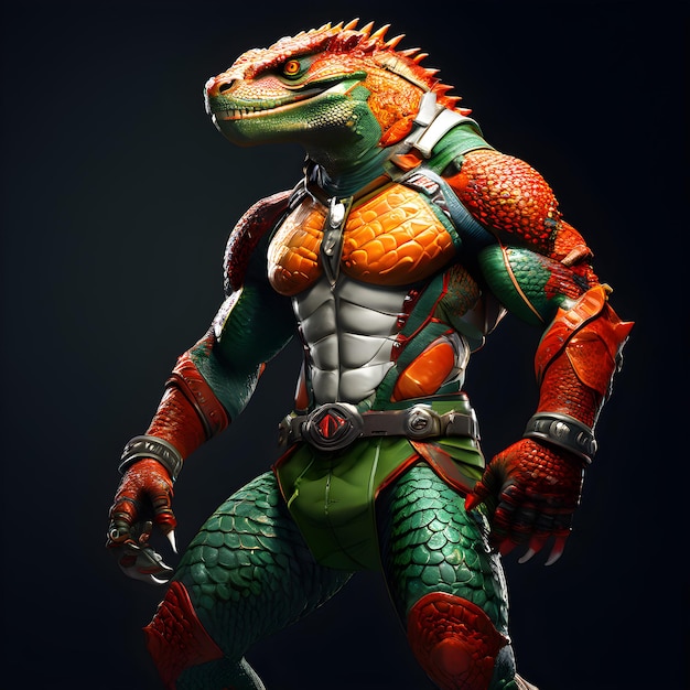 un dragon avec une poitrine verte et un pantalon orange