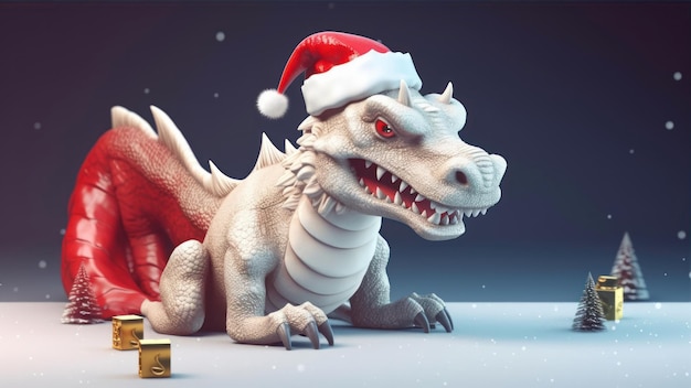 Un dragon portant un bonnet de noel est assis sur une surface enneigée