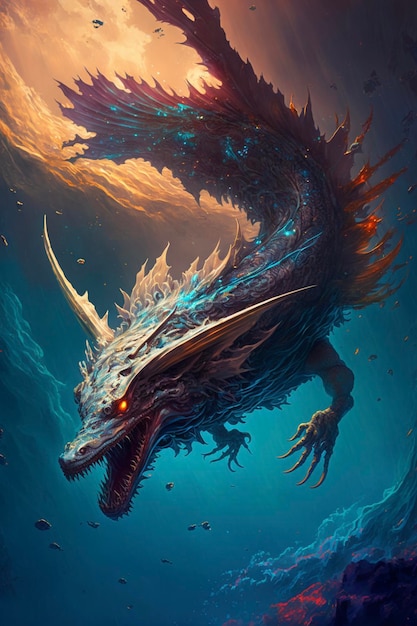 Dragon qui flotte dans l'eau générative ai