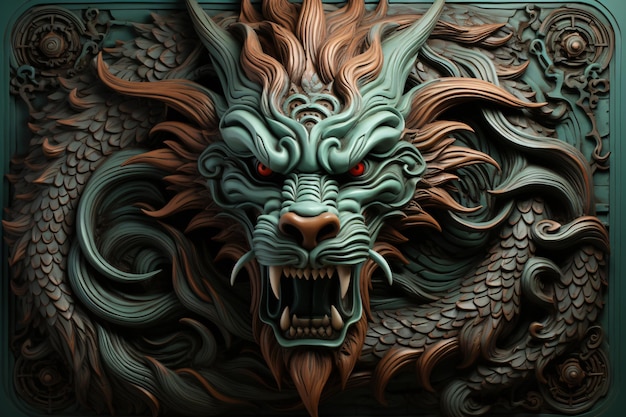 Un dragon avec un regard menaçant sur son visage est représenté sur un fond bleu et vert.