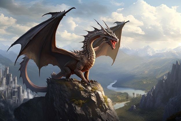 dragon sur le rocher dans les montagnes illustration de rendu 3d AI généré