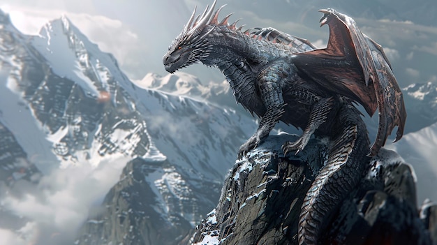 un dragon sur un rocher avec des montagnes en arrière-plan