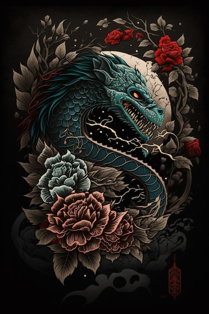 Un dragon avec des roses et un dragon bleu dessus