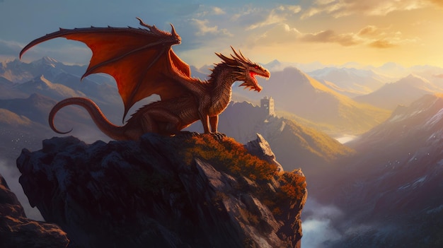 Dragon rouge assis au sommet d'une montagne avec des montagnes en arrière-plan Generative AI