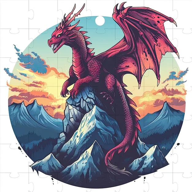 Un dragon rouge assis au sommet d'une montagne