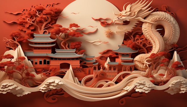 Dragon rouge chinois avec des maisons impériales chinoises au fond