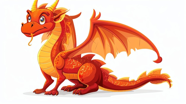 Un dragon rouge avec des cornes et des ailes jaunes est assis sur un fond blanc. Le dragon a une longue queue et une langue bifurquée.