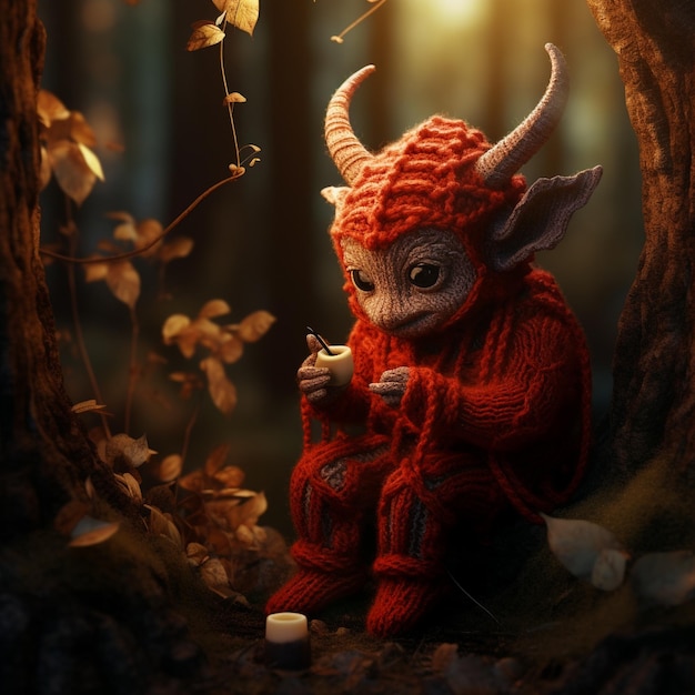 un dragon rouge avec des cornes est assis dans une souche d'arbre.