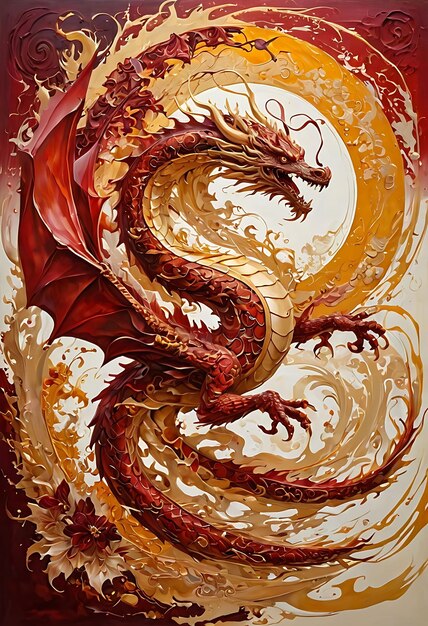 Photo dragon rouge avec des écailles dorées couleurs vives affiche de paysage de dragon