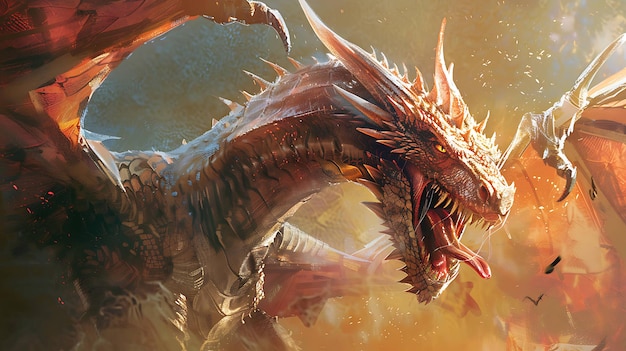 Un dragon rouge feu avec des yeux brillants rugit avec sa bouche ouverte