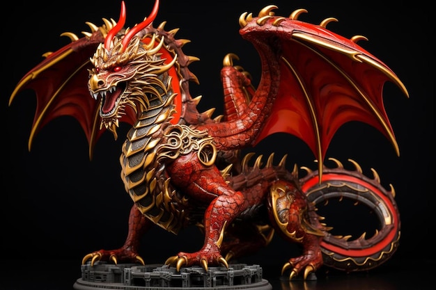 un dragon rouge avec un fond noir