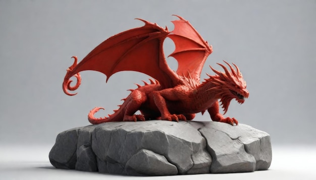 un dragon rouge sur une pierre avec un fond gris