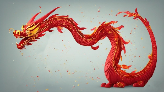 Un dragon rouge avec des plumes orange et jaune dessus