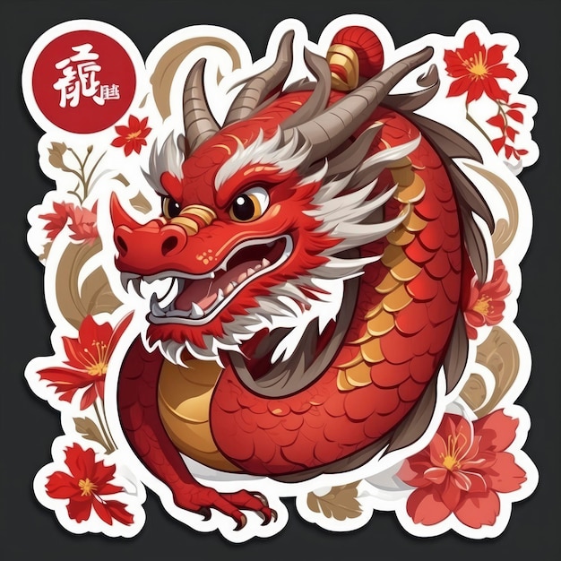 un dragon rouge avec une queue dorée et une tête fleurie sur un fond noir