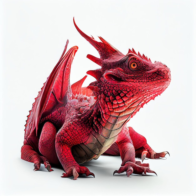 Un dragon rouge avec une tête rouge et des cornes rouges est assis sur un fond blanc