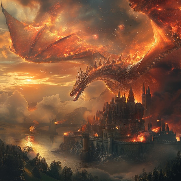 Un dragon s'élève au-dessus d'un château médiéval.