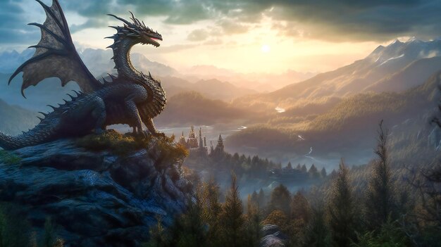 Dragon sur le sommet d'une montagne IA générative